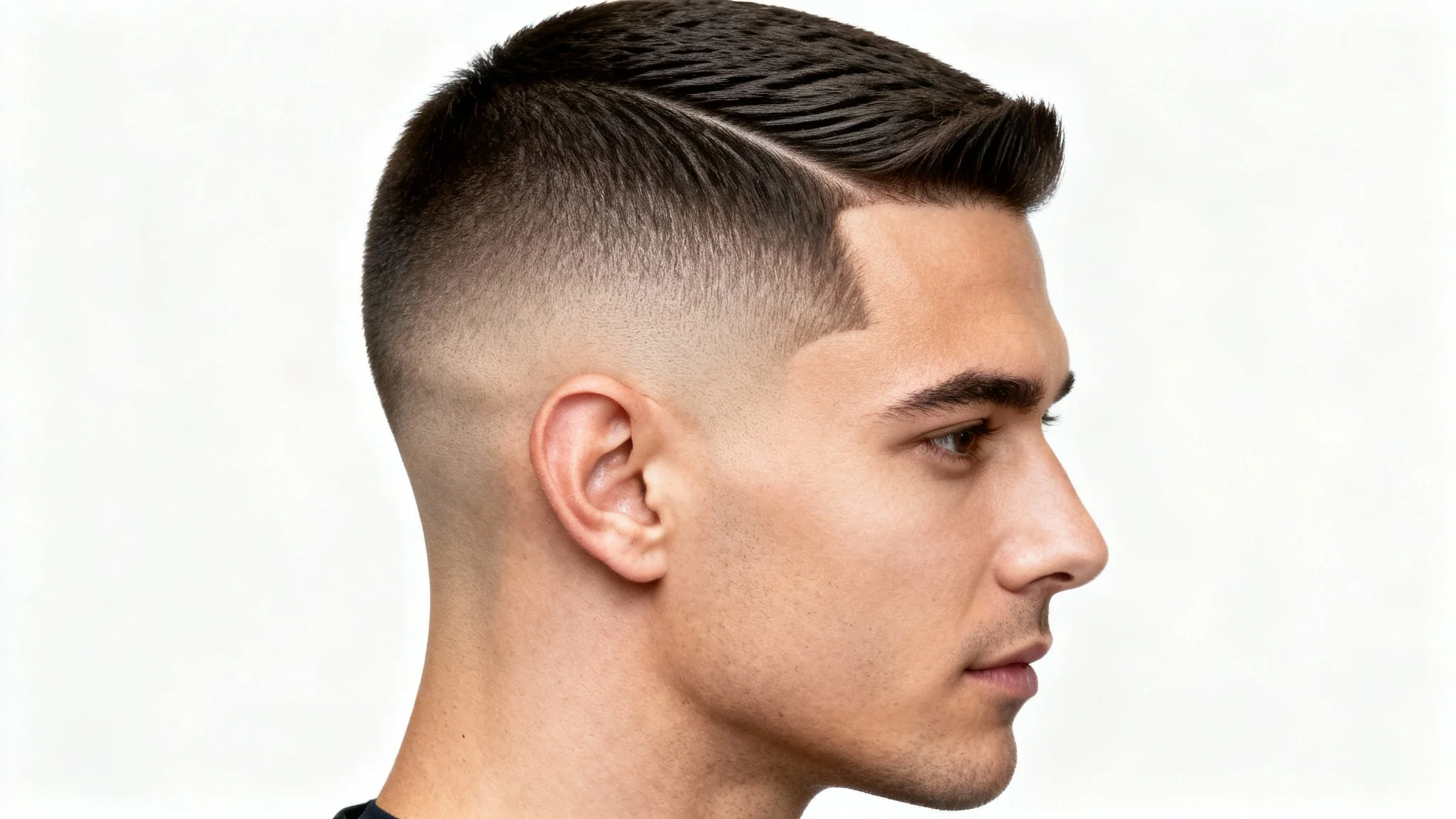 A high-definition, professional studio photograph showing a close-up of a man's head in profile, featuring a perfectly executed low taper fade haircut against a stark white background.