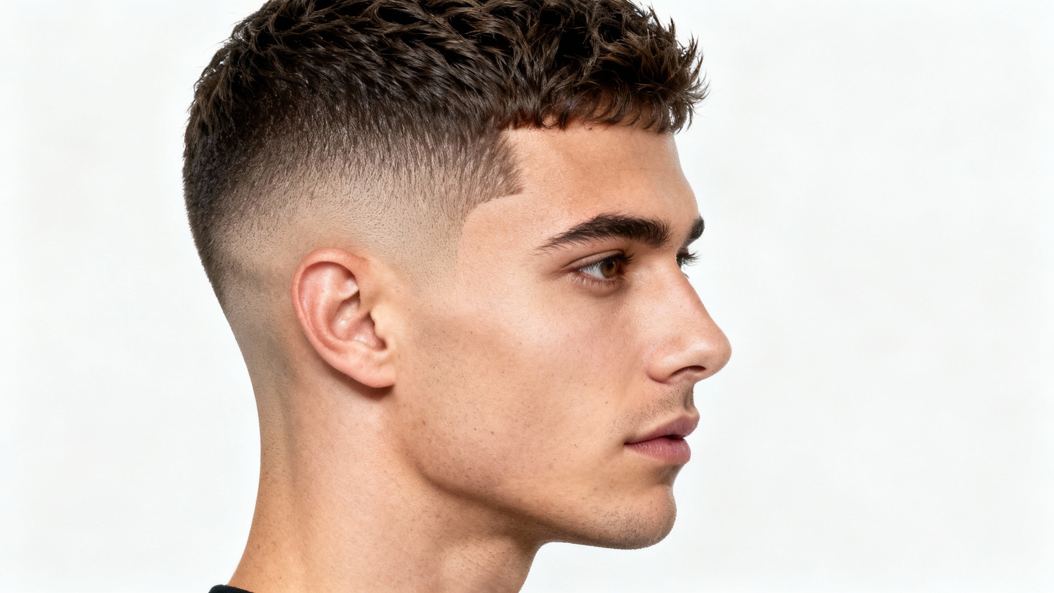 A close-up, side profile photograph of a man with a stylish low taper fade haircut, highlighting the clean lines and expert blending, set against a plain white background.