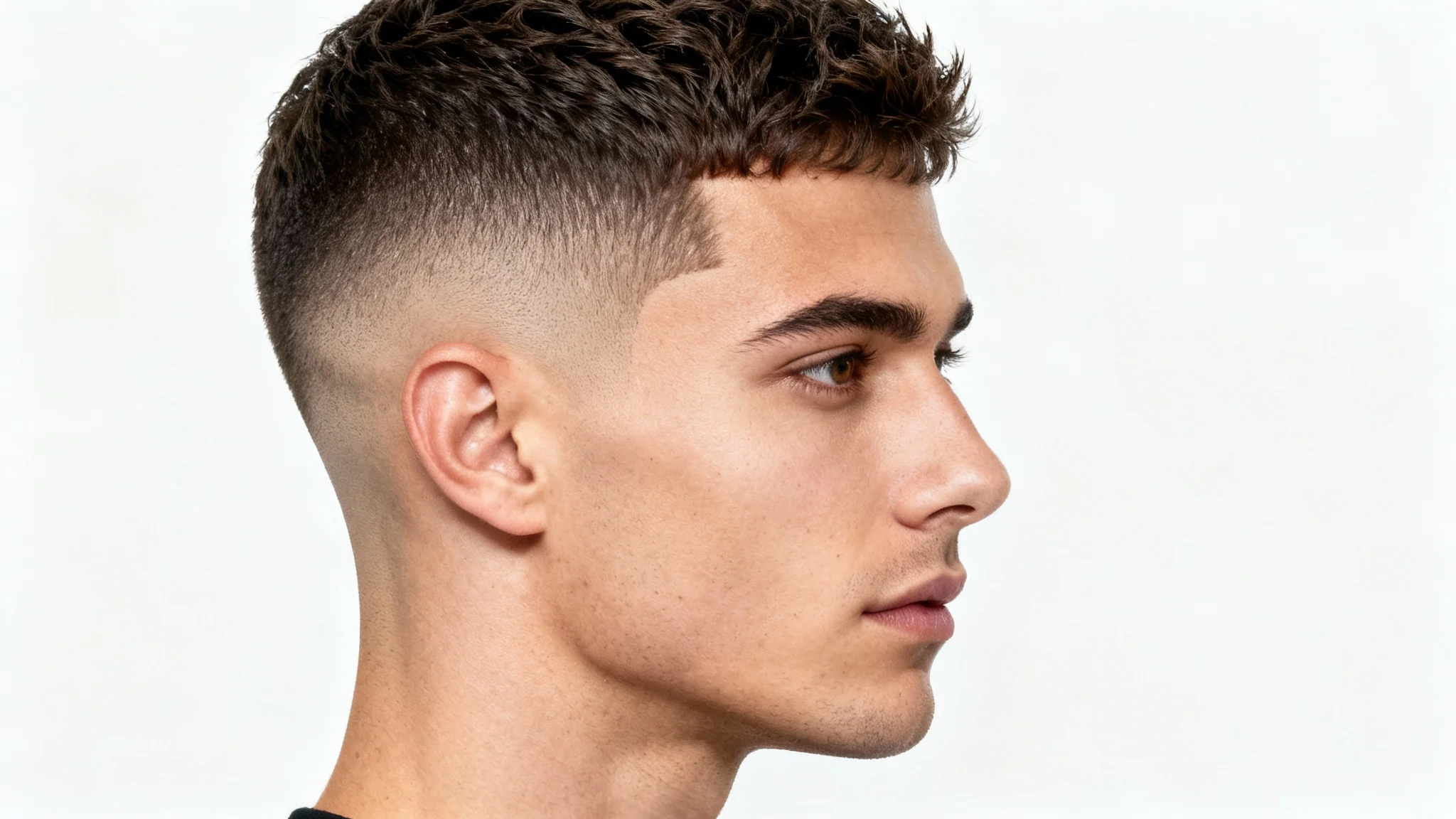 A close-up, side profile photograph of a man with a stylish low taper fade haircut, highlighting the clean lines and expert blending, set against a plain white background.