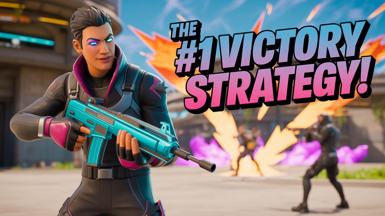A professional Fortnite YouTube thumbnail showing a character in an action pose. Bold text reads 'THE #1 VICTORY STRATEGY!' over a vibrant battle scene.