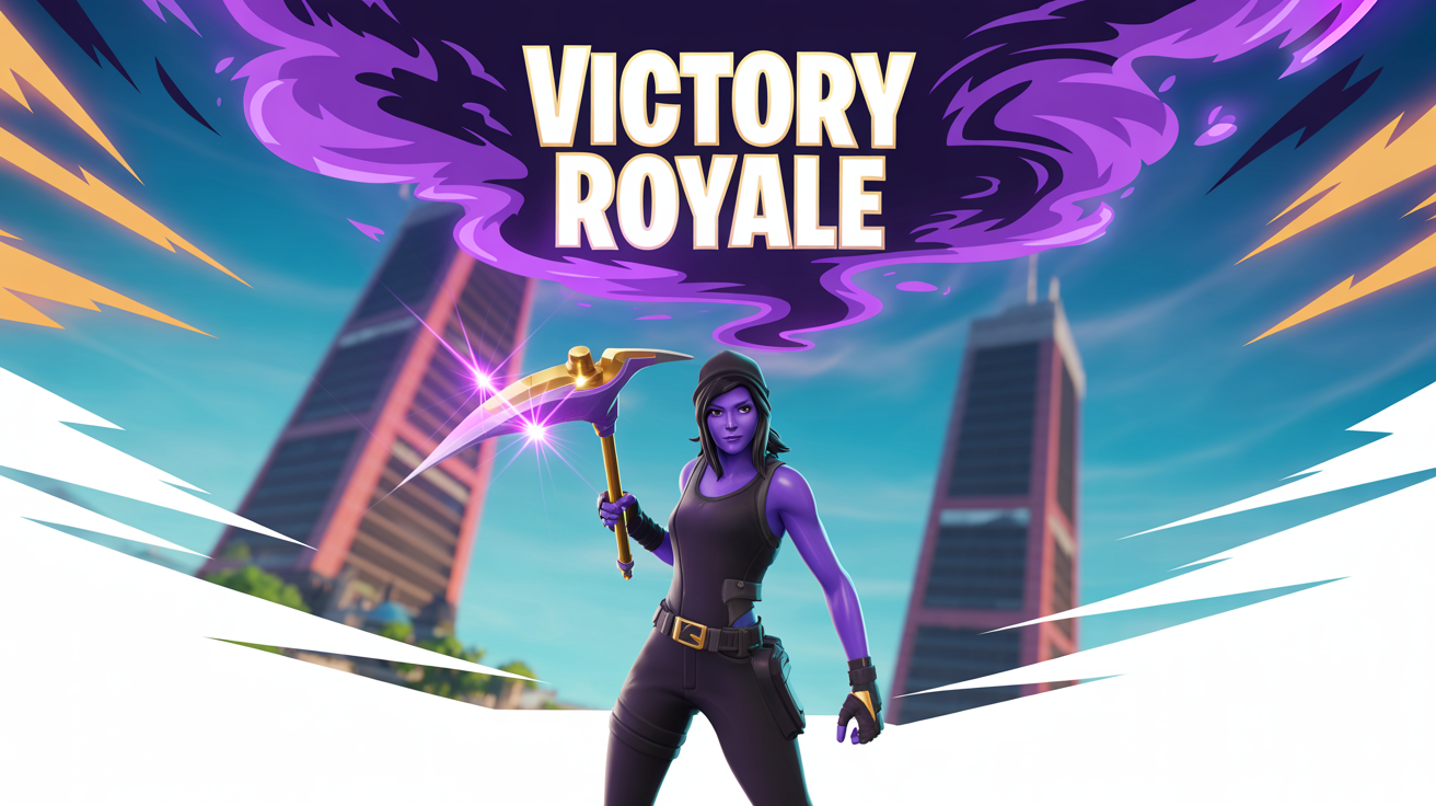An action-packed Fortnite thumbnail mockup featuring a character in a heroic pose with a glowing weapon, with bold text reading 'VICTORY ROYALE' against a dramatic in-game background. The entire thumbnail is displayed on a white background.
