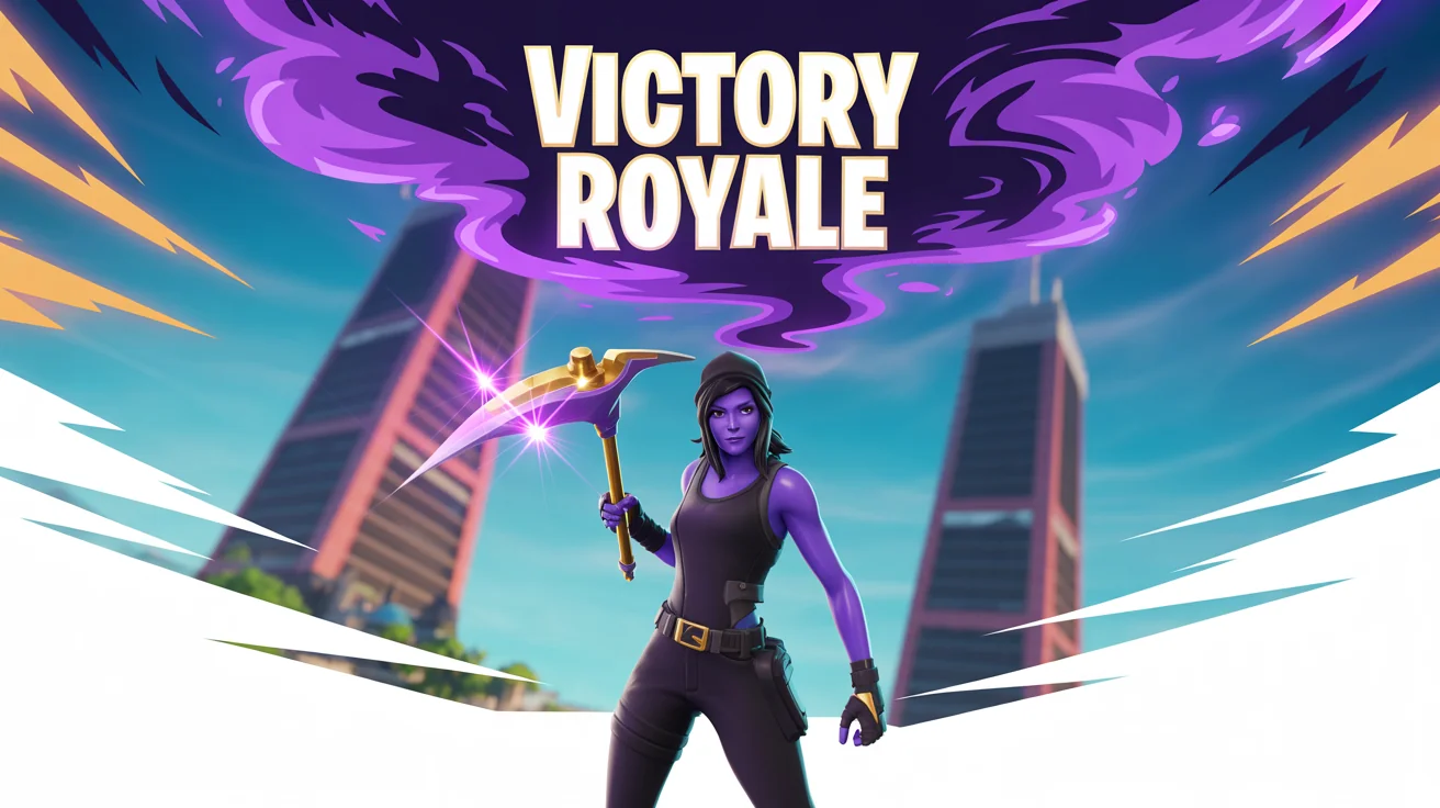 An action-packed Fortnite thumbnail mockup featuring a character in a heroic pose with a glowing weapon, with bold text reading 'VICTORY ROYALE' against a dramatic in-game background. The entire thumbnail is displayed on a white background.