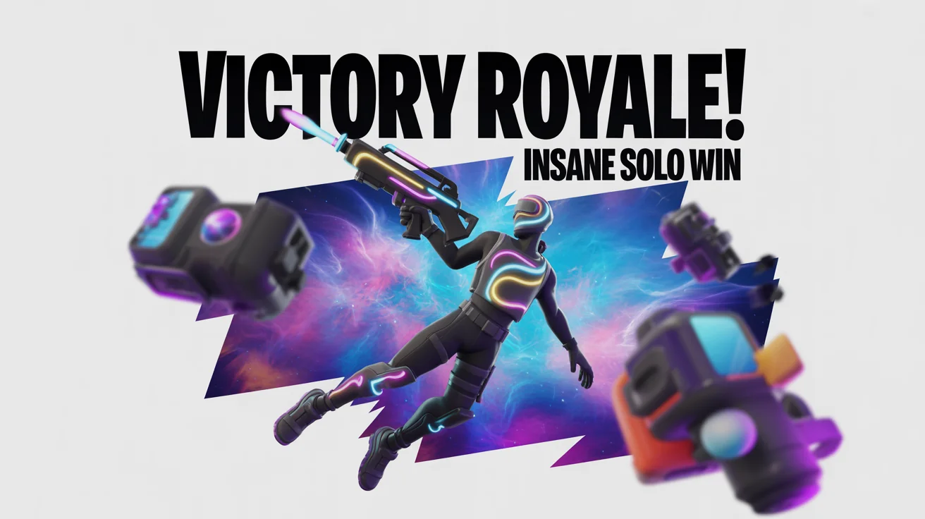 A mockup of a vibrant Fortnite thumbnail featuring a character in an action pose with glowing weapon. The text 'VICTORY ROYALE!' and 'INSANE SOLO WIN' is overlaid on the image, all set against a white background.