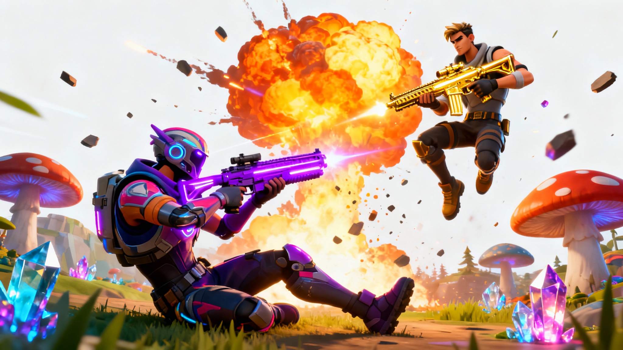 A mockup of a vibrant and action-packed Fortnite thumbnail showing two characters in a dramatic fight with a large explosion in the background, set against a plain white background.