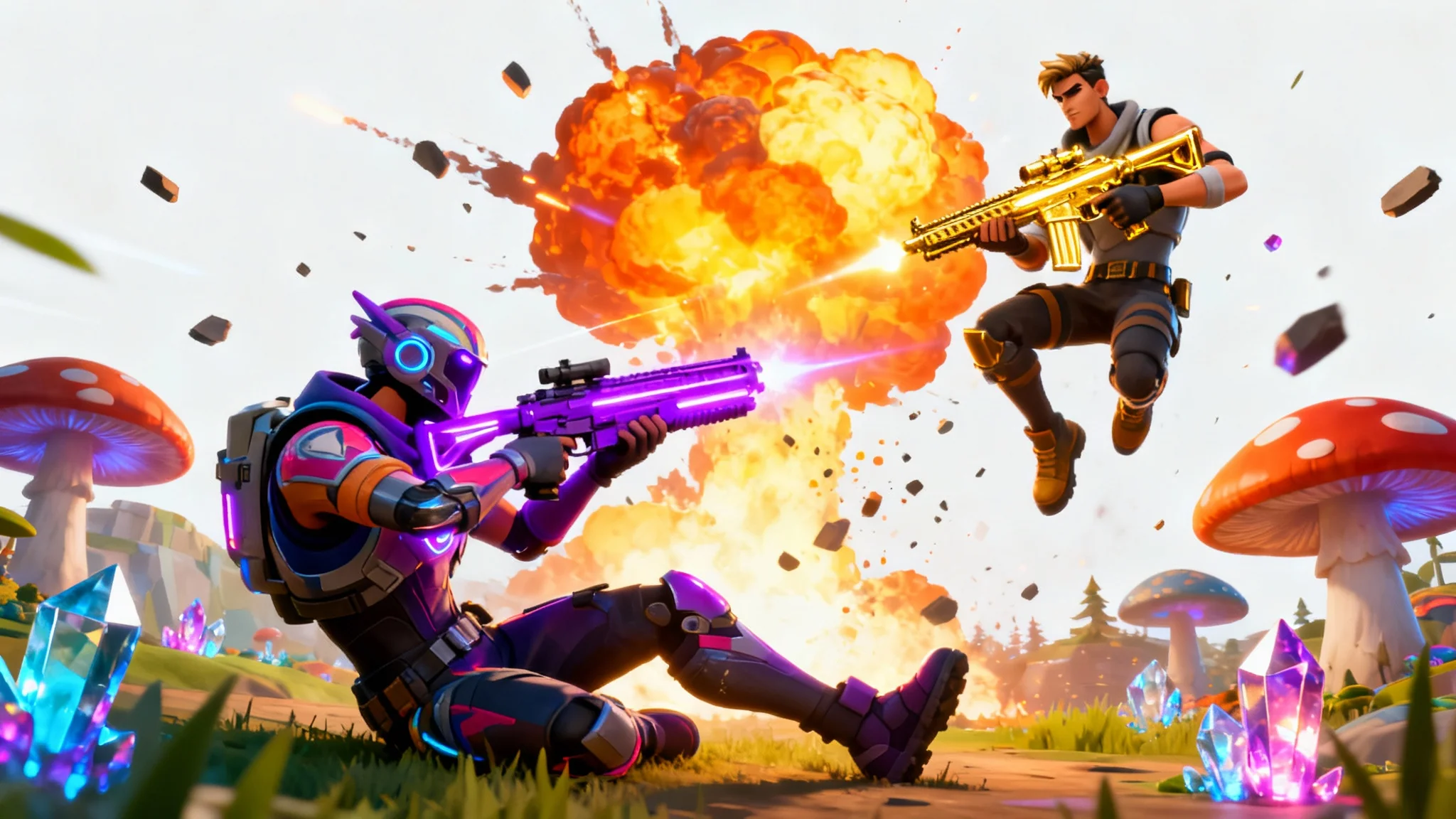 A mockup of a vibrant and action-packed Fortnite thumbnail showing two characters in a dramatic fight with a large explosion in the background, set against a plain white background.