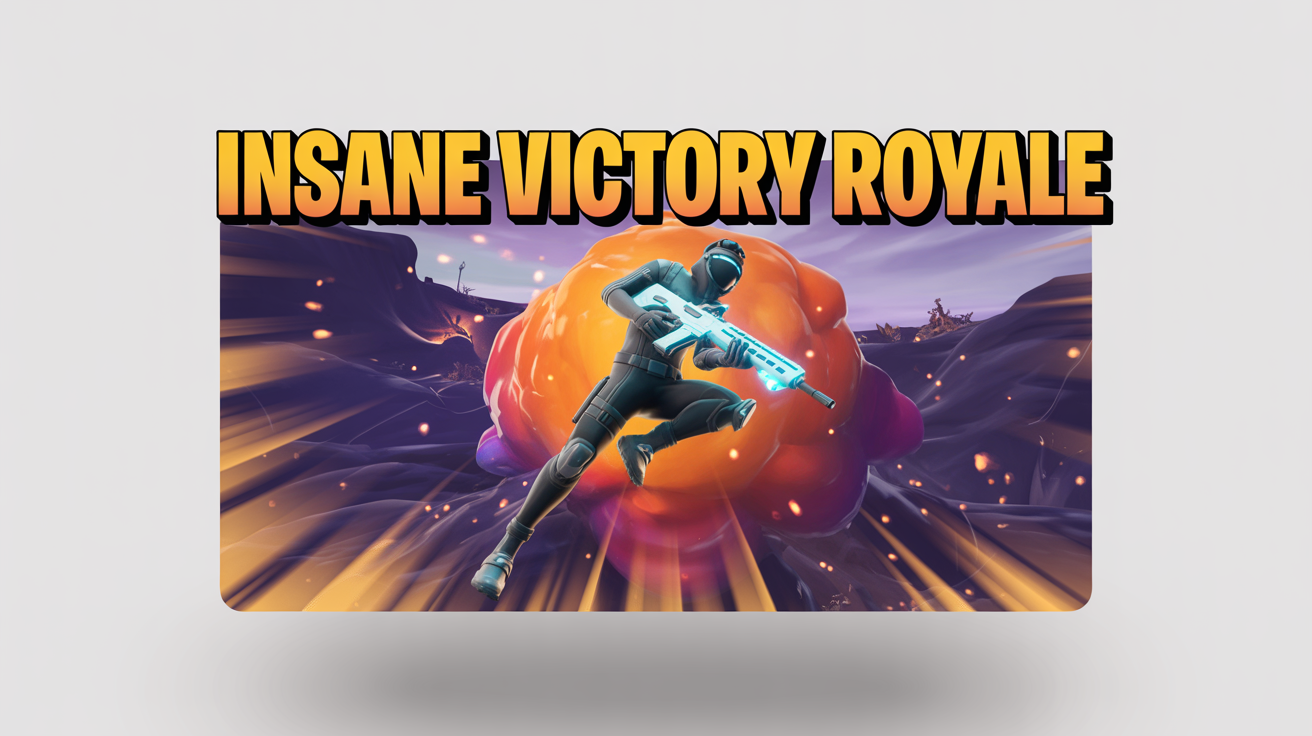 A mockup of a dynamic Fortnite YouTube thumbnail on a white background, featuring a character in action against an explosive backdrop with the text 'INSANE VICTORY ROYALE'.