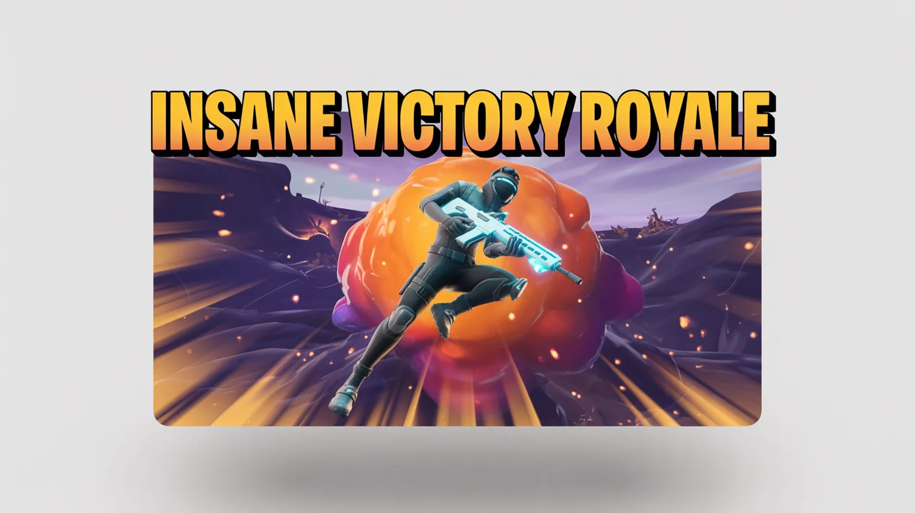 A mockup of a dynamic Fortnite YouTube thumbnail on a white background, featuring a character in action against an explosive backdrop with the text 'INSANE VICTORY ROYALE'.