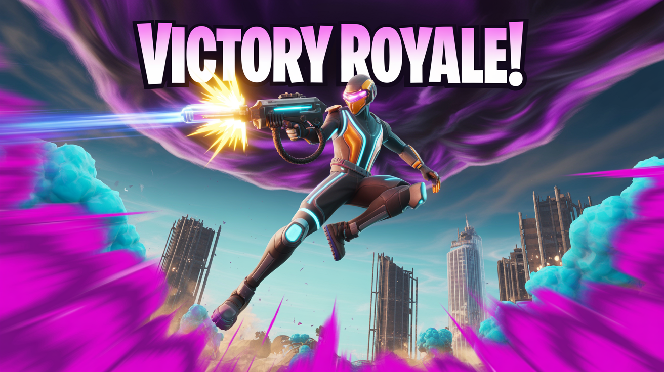 A colorful and action-packed Fortnite thumbnail mockup showing a character leaping forward with a glowing weapon and the text 'VICTORY ROYALE!' above.