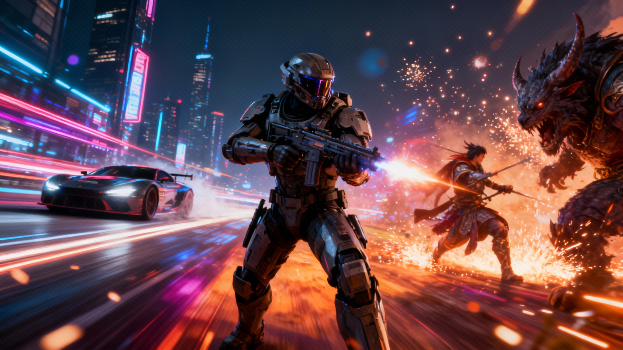 A visually stunning gaming montage in a 16:9 cinematic format, showcasing multiple action-packed scenes from different video games colliding in a dynamic composition with explosive effects and vibrant colors.