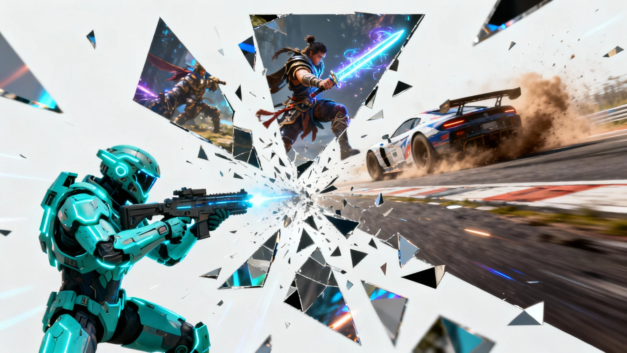 A digital art representation of a gaming montage, showing explosive fragments of different video game scenes—a futuristic soldier, a fantasy warrior, and a race car—bursting outwards against a white background.