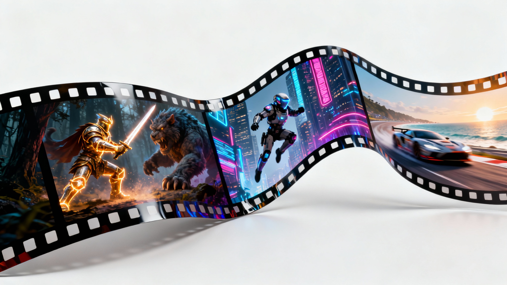 A mockup representing a gaming montage, showing a twisting film strip with three action-packed scenes from different video games against a plain white background.