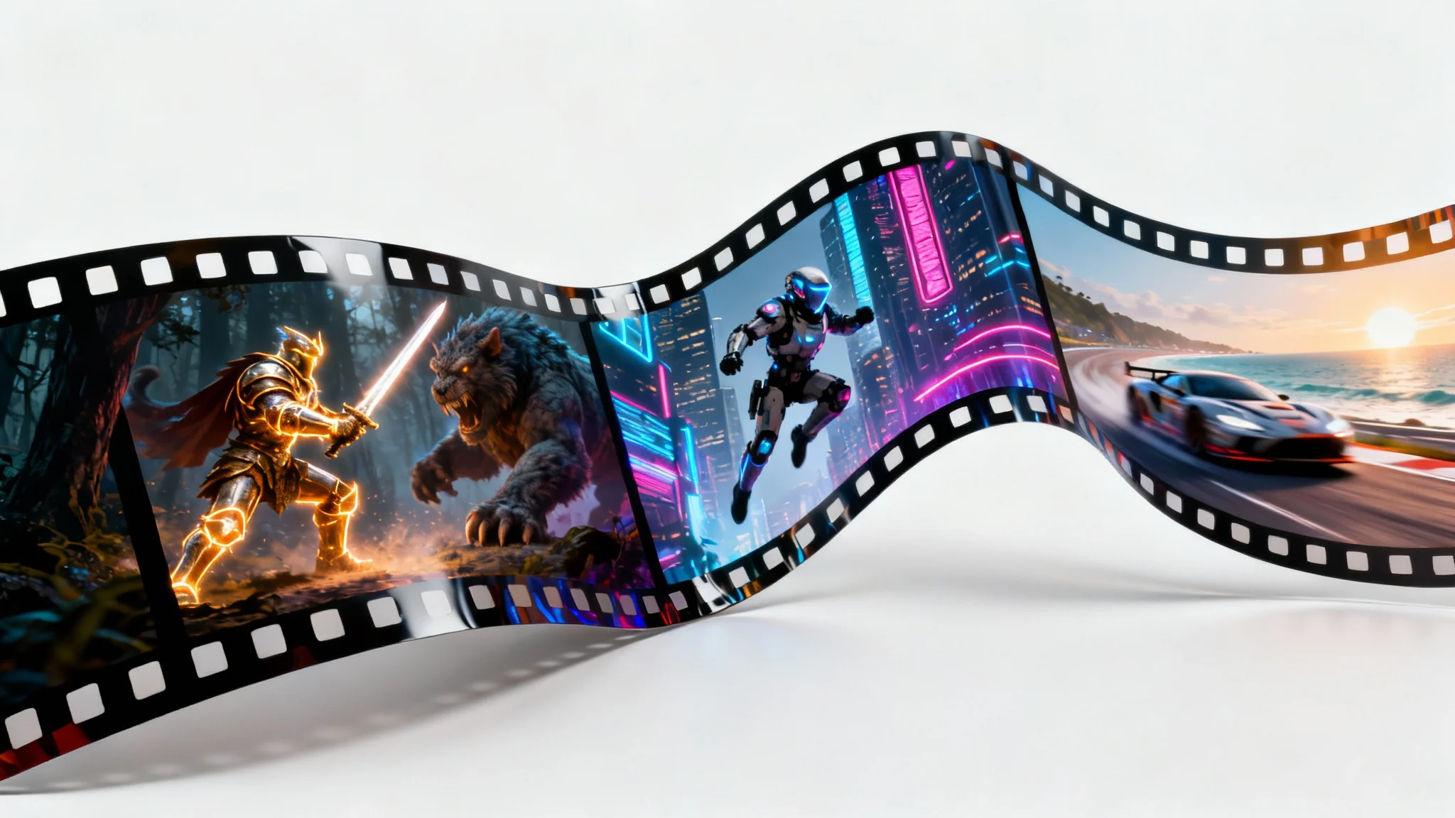A mockup representing a gaming montage, showing a twisting film strip with three action-packed scenes from different video games against a plain white background.