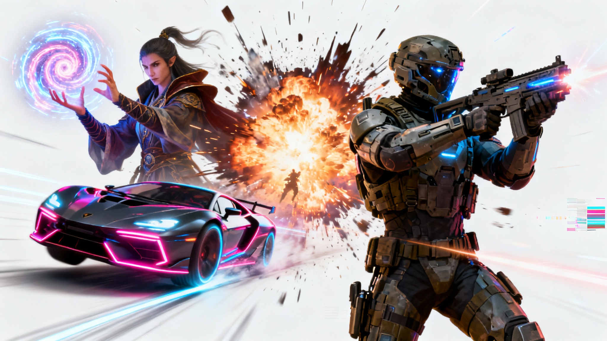 An energetic collage of video game scenes, featuring a futuristic soldier, a fantasy mage casting a spell, and a racing car, all bursting with action and vibrant colors on a white background, representing a gaming montage.