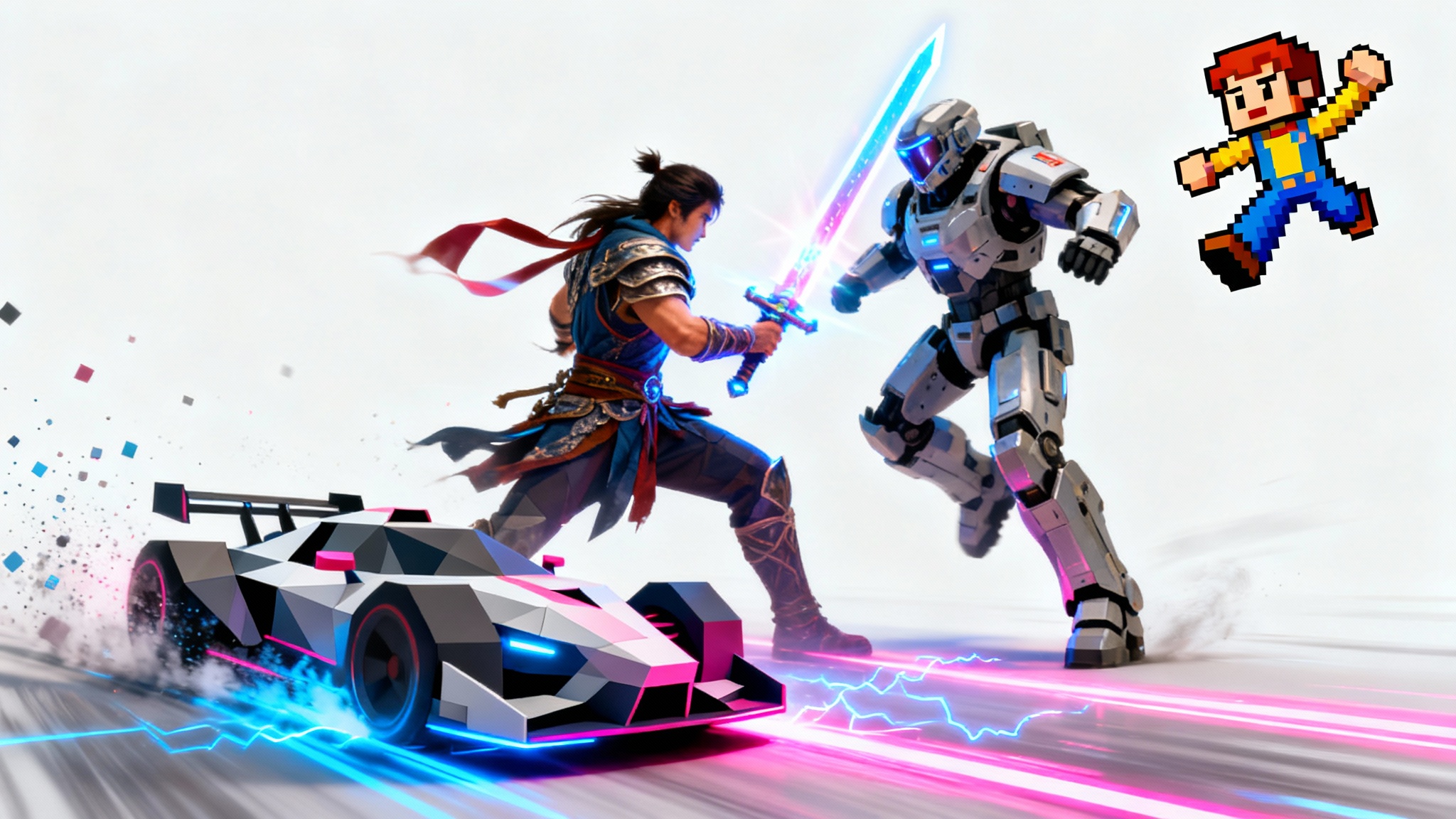 An explosive collage of various video game characters and scenes bursting outwards on a white background, symbolizing a dynamic gaming montage.