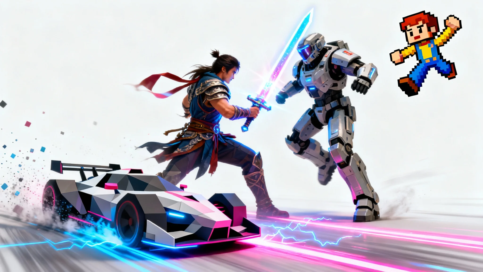 An explosive collage of various video game characters and scenes bursting outwards on a white background, symbolizing a dynamic gaming montage.