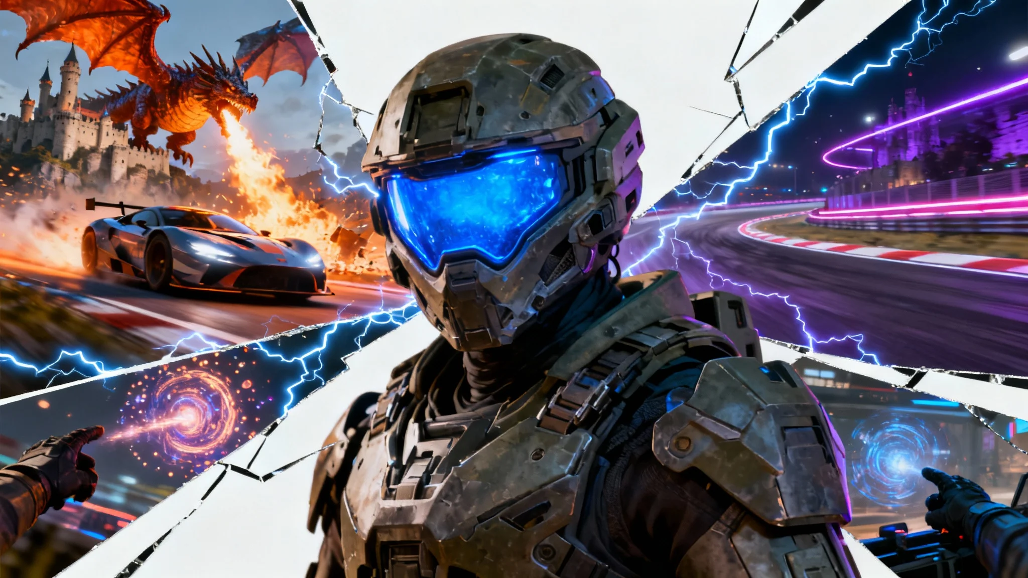 A dynamic collage of several action-packed video game scenes, including a futuristic soldier, a dragon, and a race car, symbolizing a gaming montage.