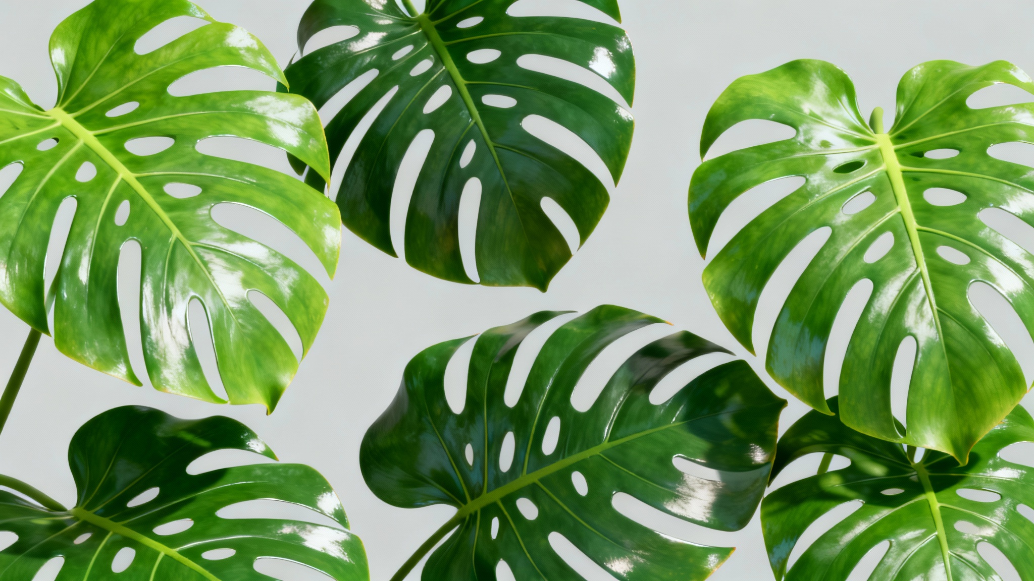A beautiful composition of several photorealistic green monstera leaves with transparent backgrounds, arranged artfully on a light gray surface, showcasing a high-quality design asset.