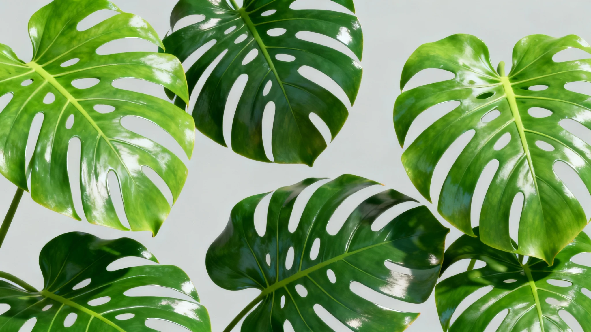 A beautiful composition of several photorealistic green monstera leaves with transparent backgrounds, arranged artfully on a light gray surface, showcasing a high-quality design asset.