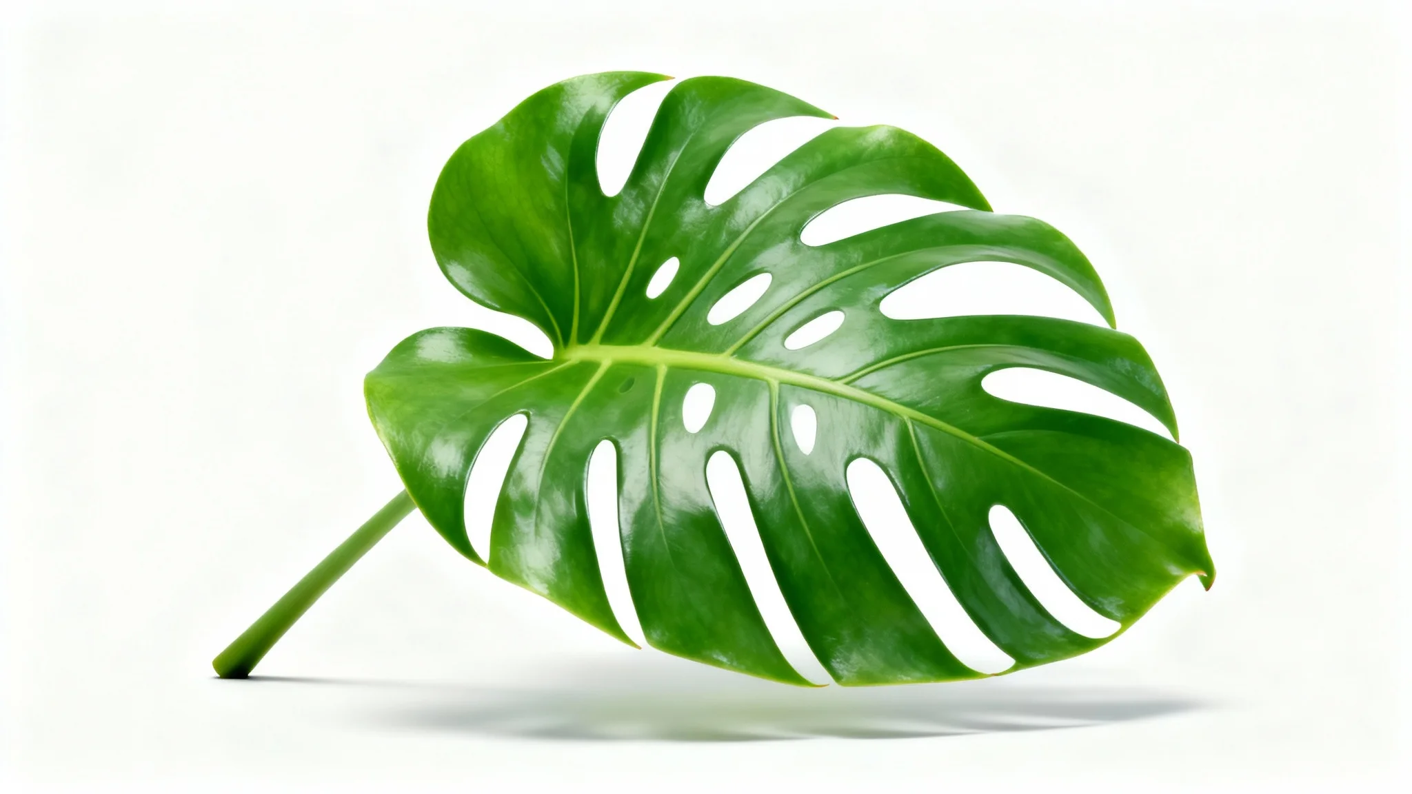 A photorealistic image of a single, vibrant green Monstera leaf with its characteristic splits, isolated on a clean white background.