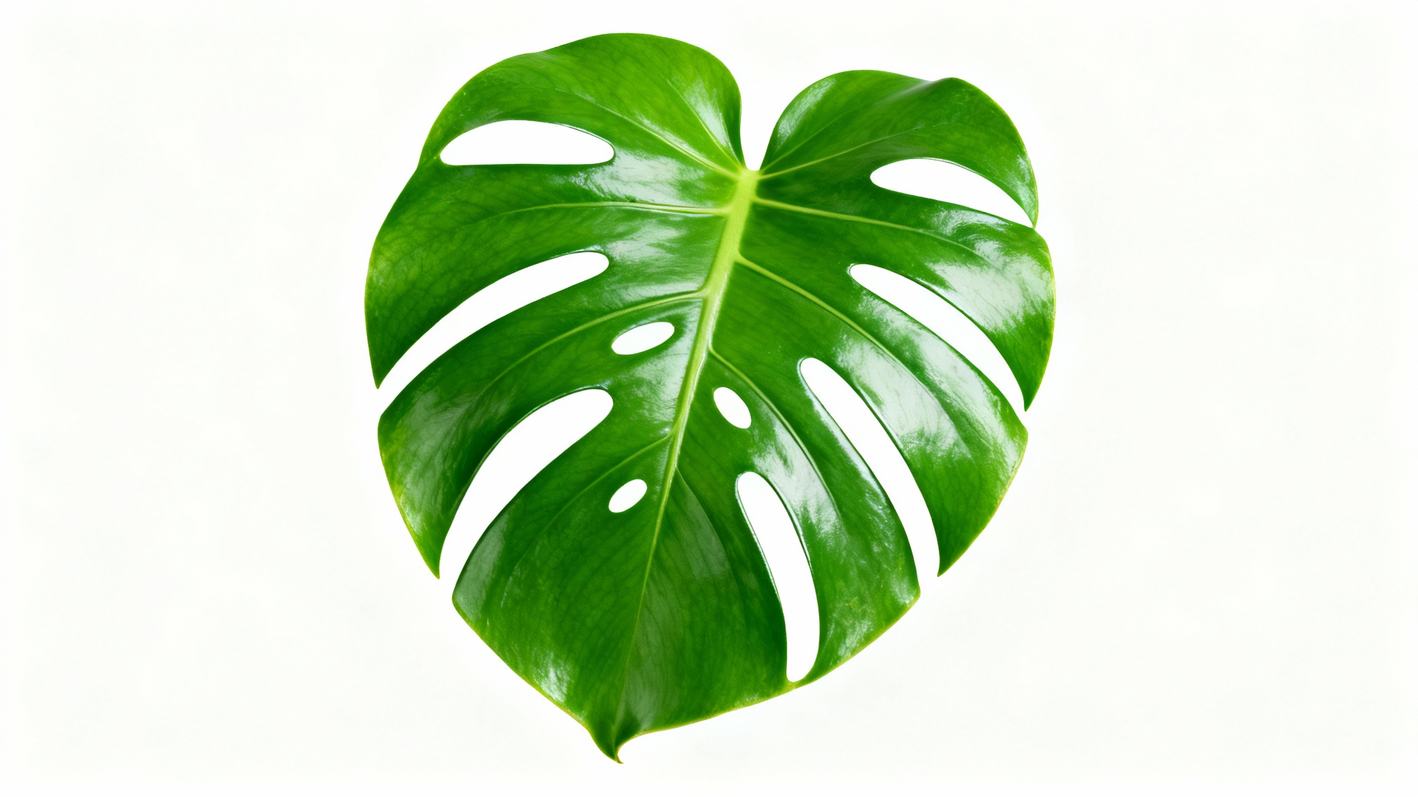 A photorealistic image of a single, vibrant green Monstera leaf with its characteristic splits, isolated against a plain white background.