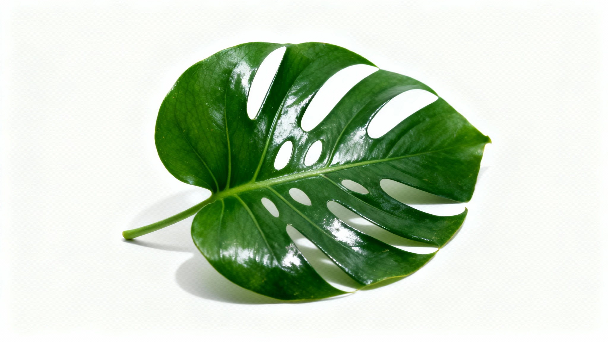 A photorealistic image of a single, vibrant green Monstera leaf with its characteristic splits, isolated against a clean white background.