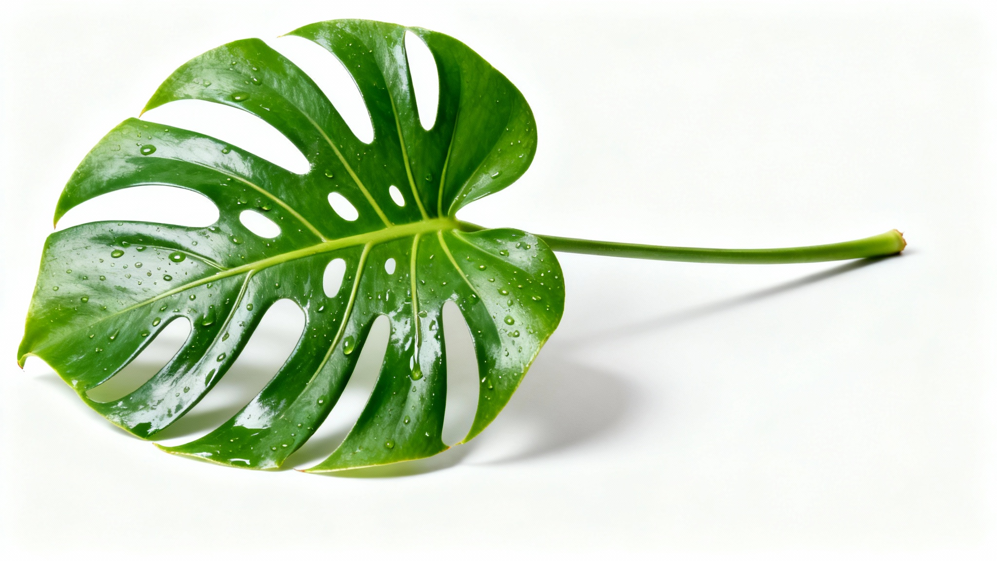A photorealistic mockup of a single, vibrant green monstera leaf with its iconic splits, isolated against a solid white background.