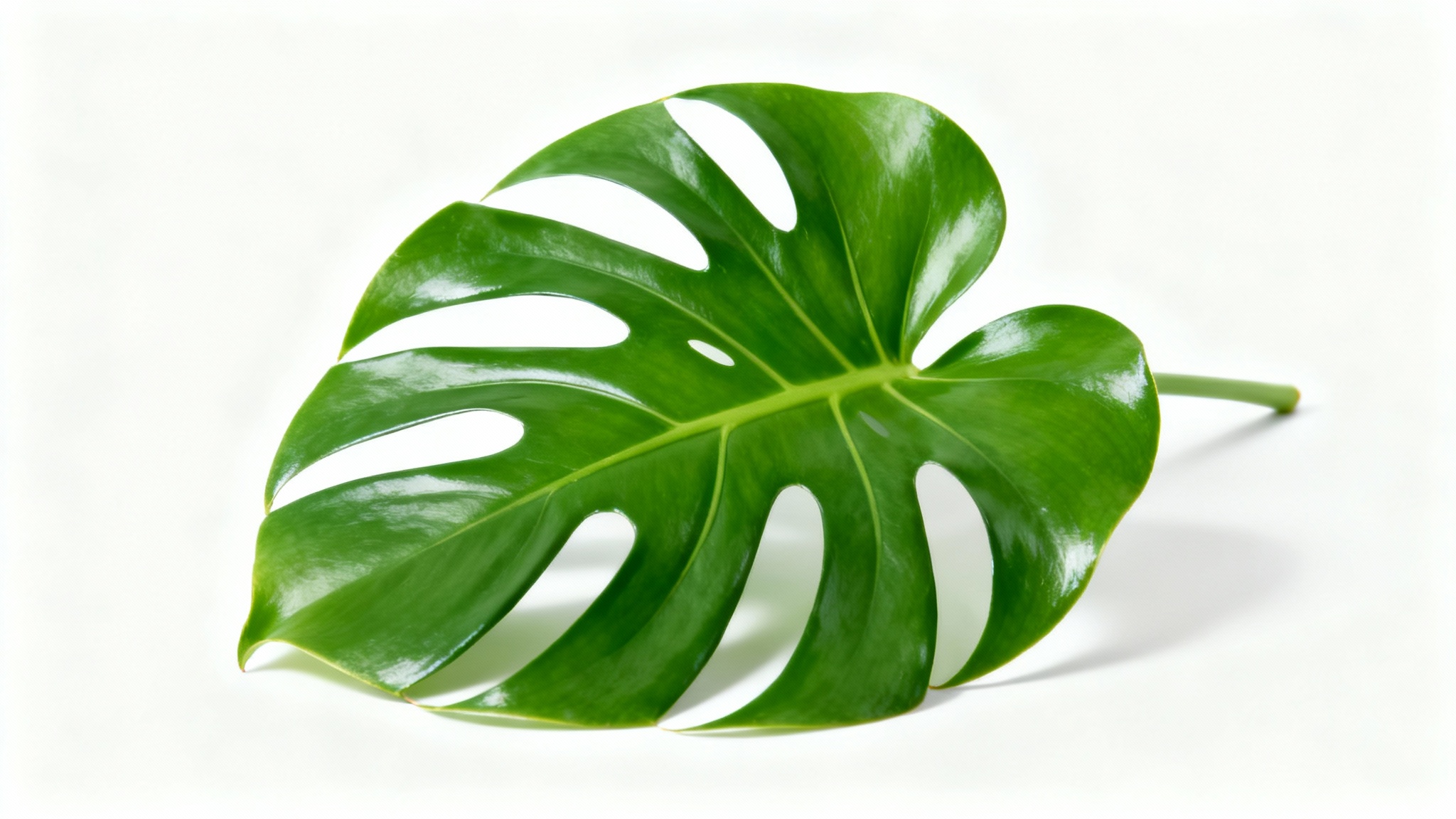 A detailed, photorealistic image of a single vibrant green monstera leaf with its characteristic splits, isolated against a solid white background.