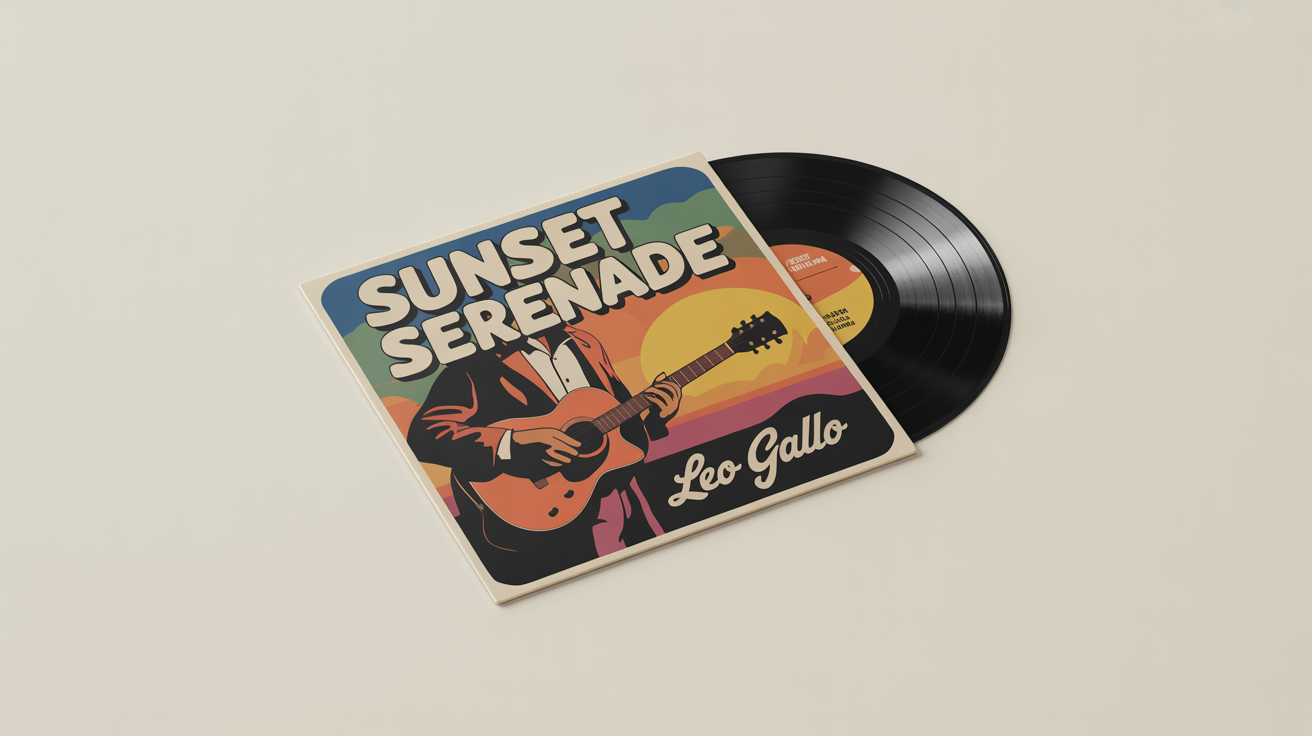 A professional mockup of a retro-style vinyl record album titled 'Sunset Serenade' by Leo Gallo. The album sleeve and the vinyl record are laid flat on a clean surface, showcasing the final product design.