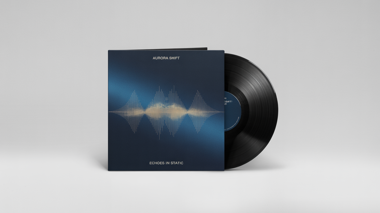 A photorealistic mockup of a modern vinyl record sleeve for the fictional artist 'AURORA SHIFT' and album 'ECHOES IN STATIC', featuring a gold soundwave on a navy blue background, set against a clean white surface.