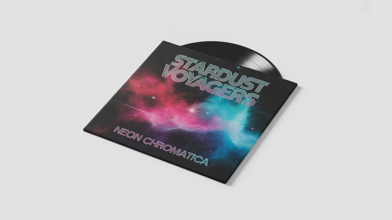 A photorealistic mockup of a retro-futuristic record sleeve for the album 'Neon Chromatica' by 'Stardust Voyagers', shown with a vinyl record on a white background.
