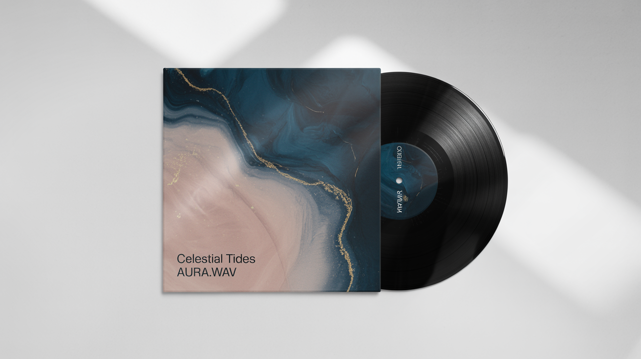 A photorealistic mockup of a record sleeve with abstract indigo and pink art, titled 'Celestial Tides' by 'Aura.Wav', with a black vinyl record peeking out, on a white background.