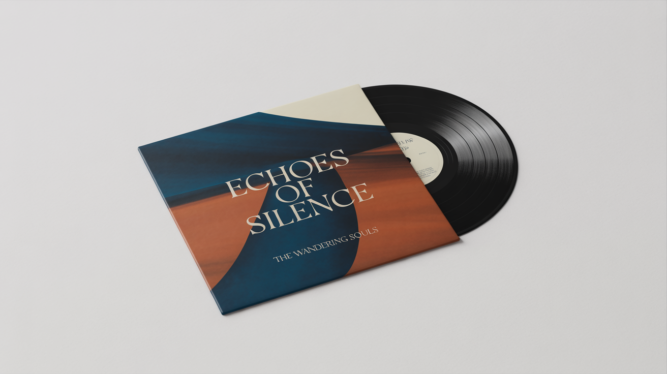 A modern record sleeve with a geometric design in navy, terracotta, and cream. The album is titled 'Echoes of Silence' by 'The Wandering Souls'. The vinyl record is partially visible, all set against a clean white background.