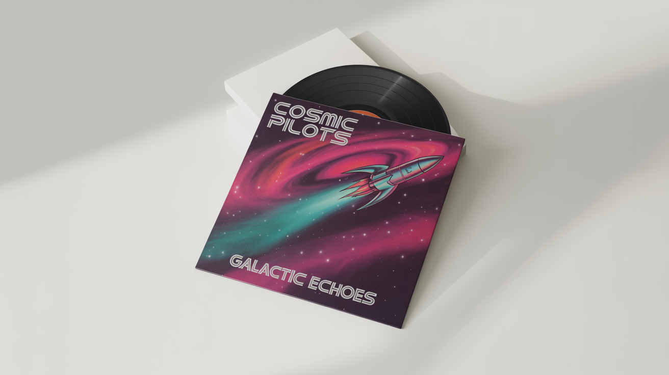 A product mockup of a retro-futuristic record sleeve titled 'Galactic Echoes' by 'Cosmic Pilots', showing a rocket ship in space. The image is on a clean white background.