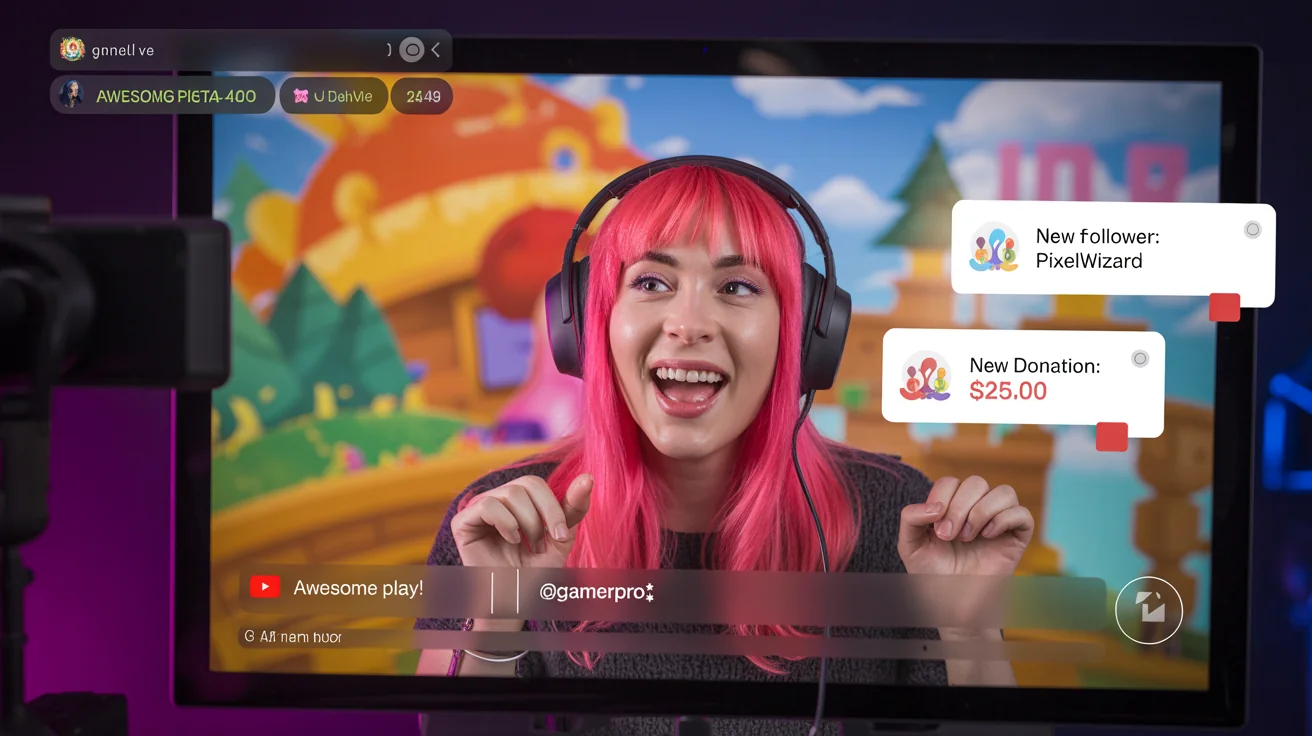 A screenshot of a live YouTube stream for a fantasy game, featuring a professional overlay with a webcam frame showing a female streamer, a live chat box, follower and donation alerts, and a social media banner.