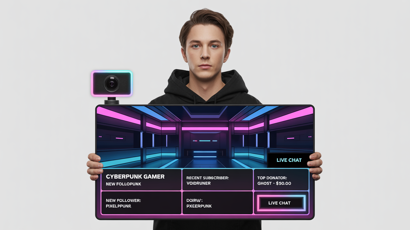 A mockup of a futuristic cyberpunk-themed YouTube stream overlay with neon blue and pink highlights, featuring frames for a webcam, chat, and alerts for new followers and subscribers, all displayed against a clean white background.