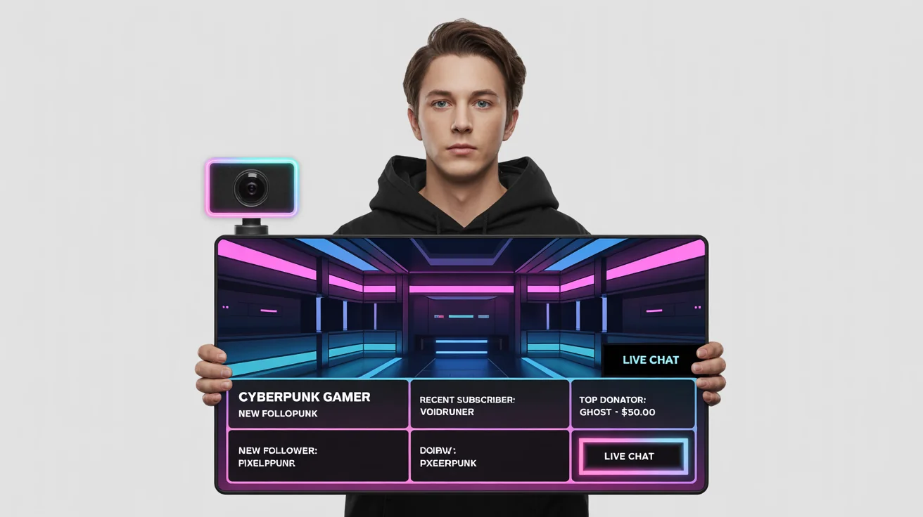 A mockup of a futuristic cyberpunk-themed YouTube stream overlay with neon blue and pink highlights, featuring frames for a webcam, chat, and alerts for new followers and subscribers, all displayed against a clean white background.