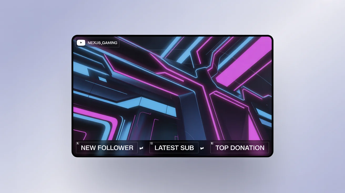 A futuristic YouTube stream overlay with a cyberpunk design, featuring neon blue and pink frames for a webcam and gameplay, and panels for stream alerts like 'NEW FOLLOWER', all on a white background.