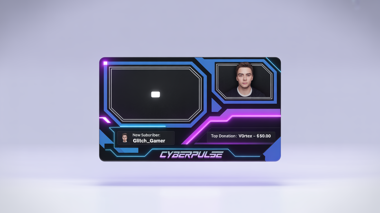 A modern, high-tech YouTube stream overlay mockup with neon blue and purple accents on a white background, featuring fictional streamer and subscriber names.