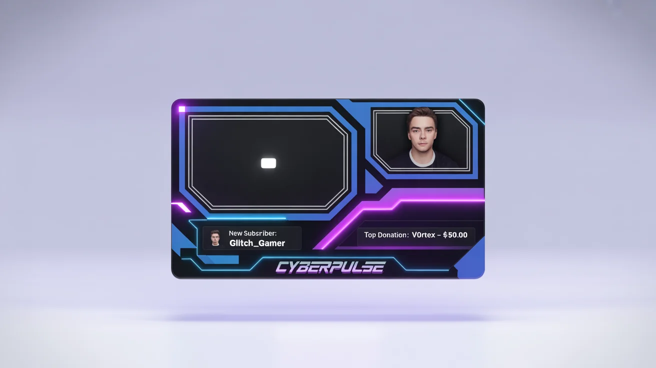 A modern, high-tech YouTube stream overlay mockup with neon blue and purple accents on a white background, featuring fictional streamer and subscriber names.