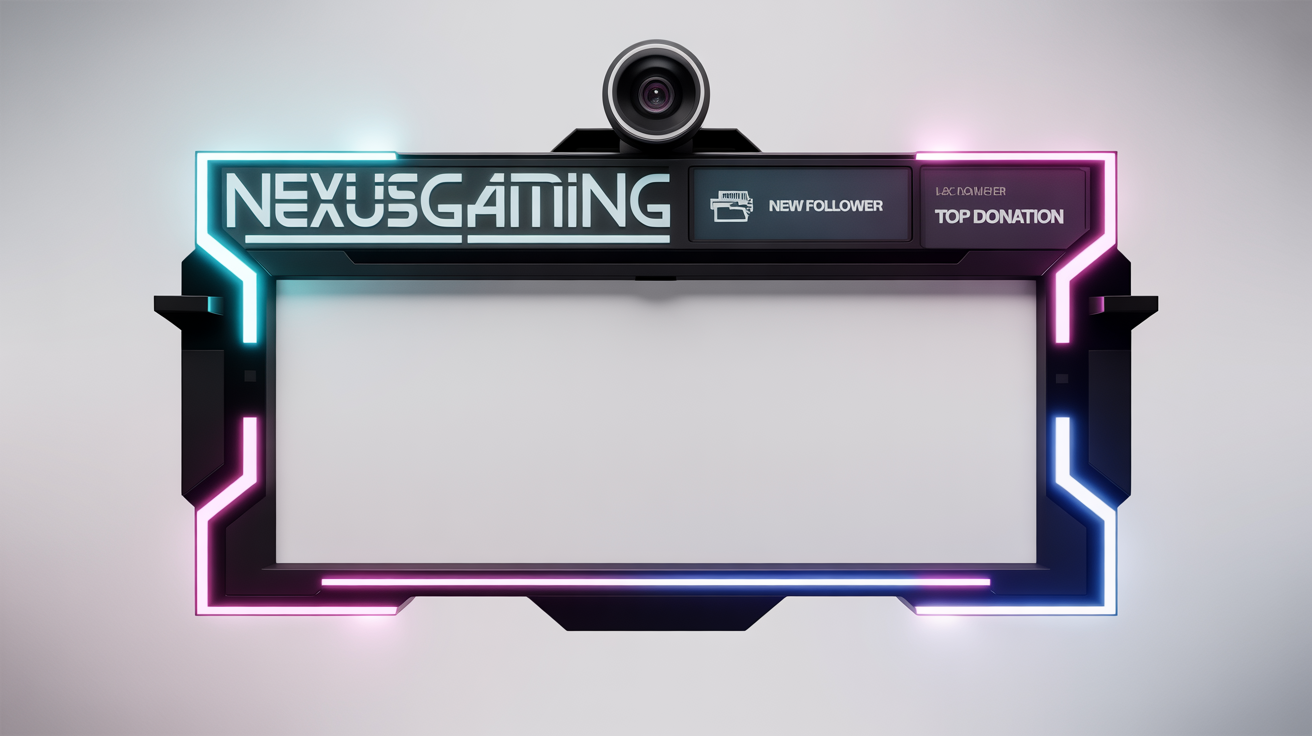 A futuristic gaming stream overlay mockup in neon blue and magenta, featuring a webcam frame and panels for alerts, displayed on a white background.