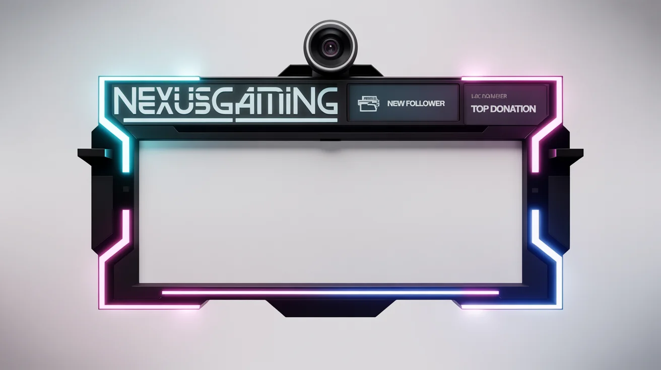 A futuristic gaming stream overlay mockup in neon blue and magenta, featuring a webcam frame and panels for alerts, displayed on a white background.