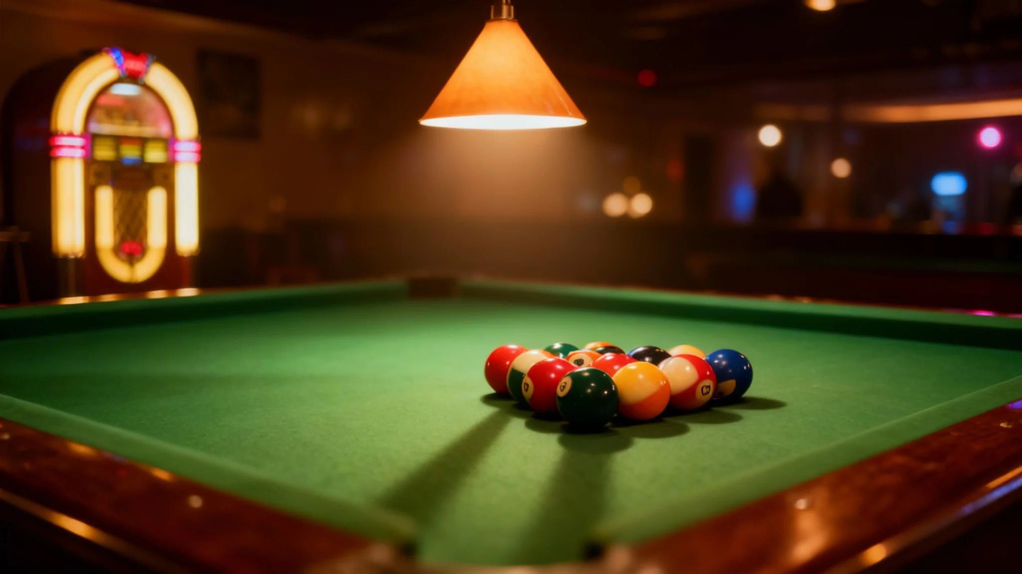 A cinematic, high-quality background image of a pool table in a dimly lit room. The pool balls are perfectly racked under a bright overhead lamp, which casts dramatic shadows across the green felt. The background is softly blurred, showing the warm ambiance of a lounge.