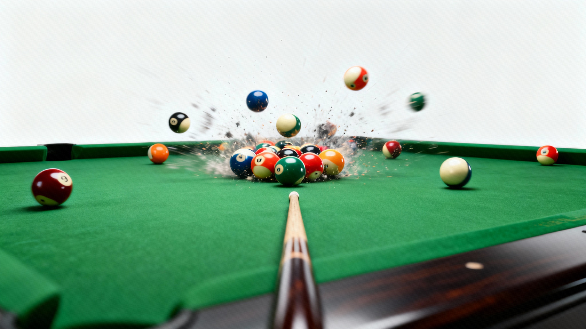 A photorealistic image of a pool table with balls scattering mid-break, captured in a dynamic shot against a plain white background.