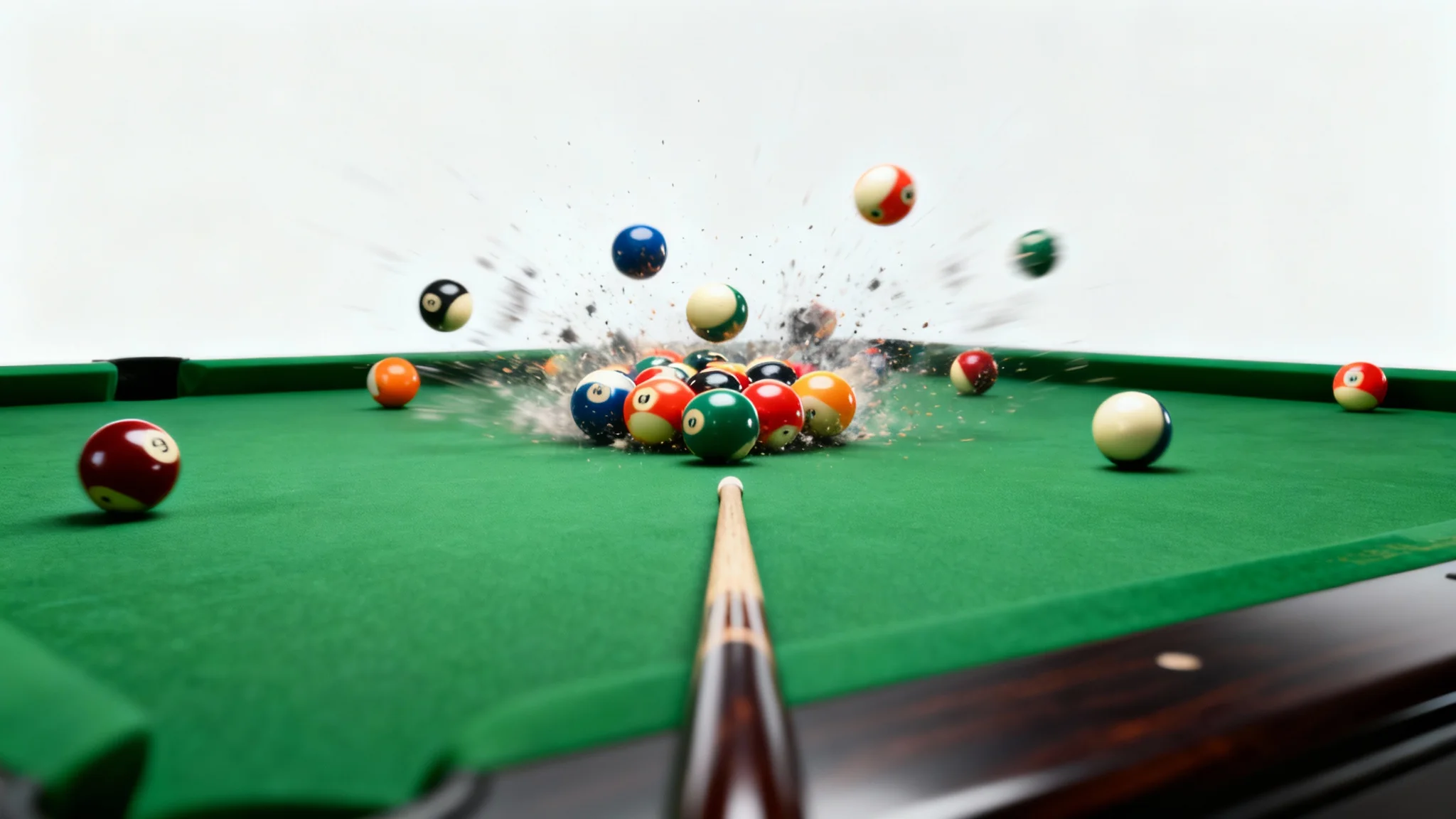 A photorealistic image of a pool table with balls scattering mid-break, captured in a dynamic shot against a plain white background.