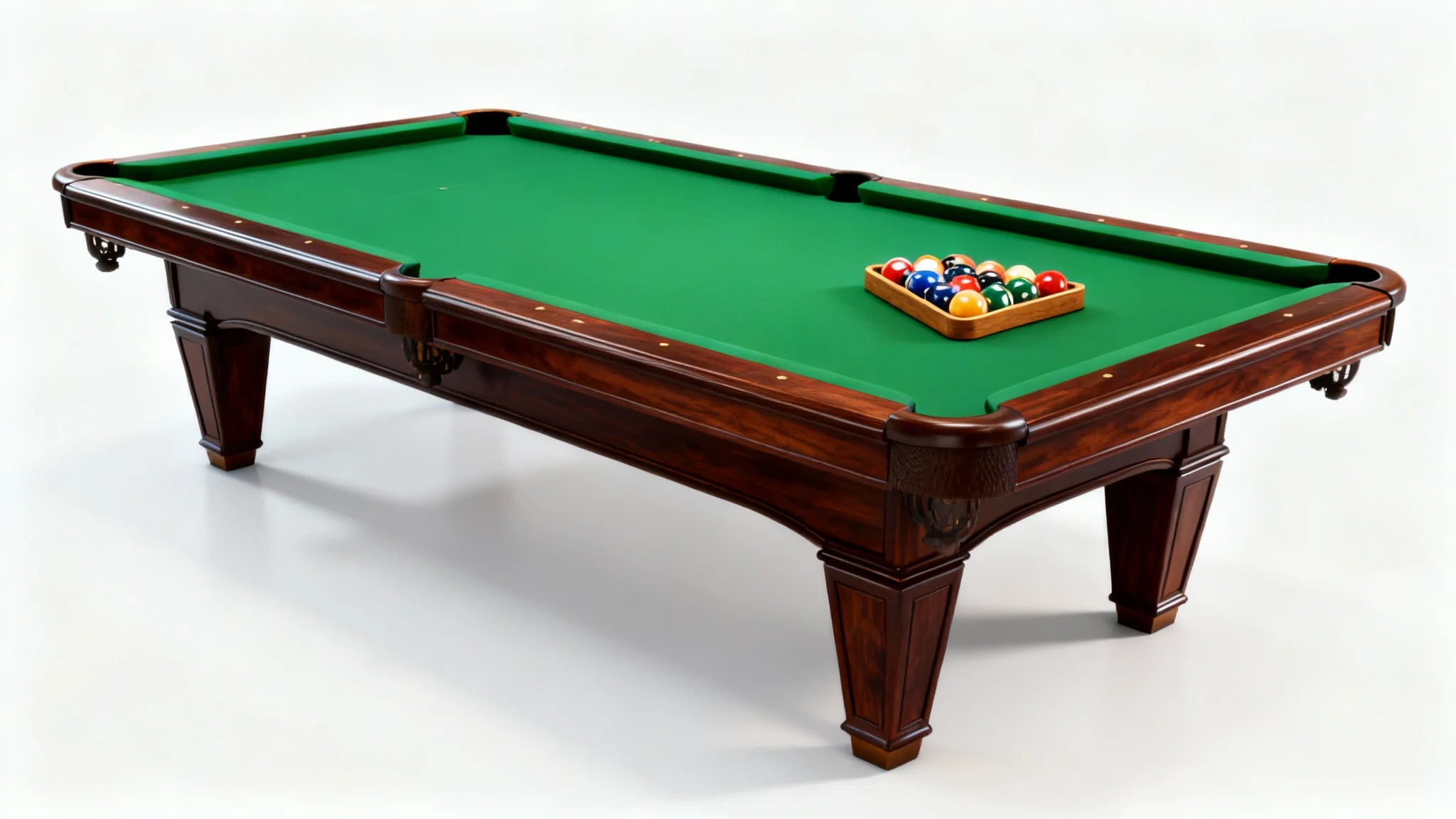A photorealistic image of a dark wood pool table with a green felt top and a rack of balls, shot in a studio style against a plain white background.