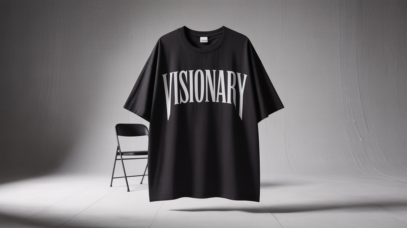 A photorealistic mockup acessórios a black designer t-shirt with the word "VISIONARY" printed in a white, gothic, Yeezus-style font. The t-shirt is displayed against a clean, minimalist background, showcasing a professional design output.