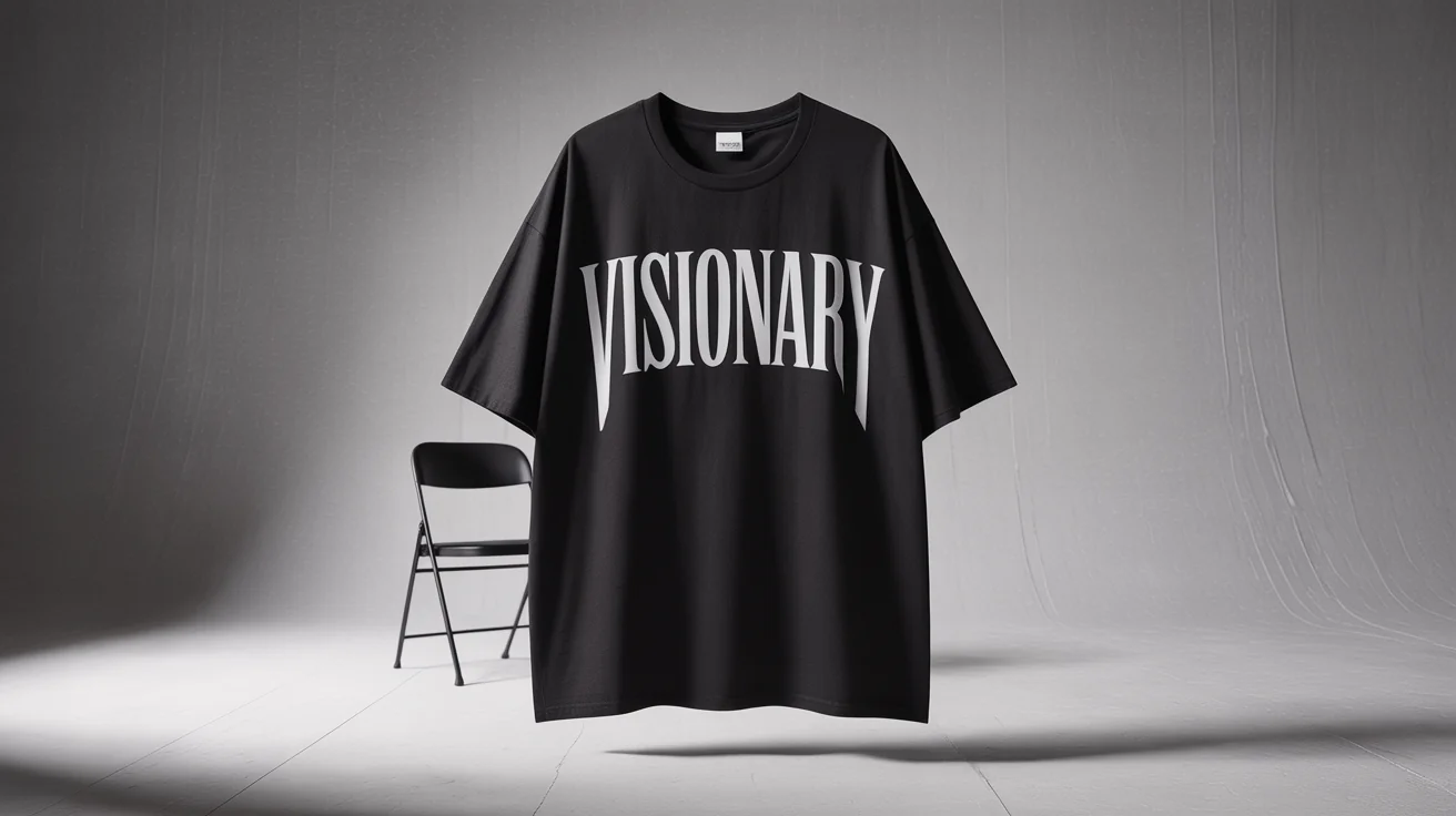 A photorealistic mockup acessórios a black designer t-shirt with the word "VISIONARY" printed in a white, gothic, Yeezus-style font. The t-shirt is displayed against a clean, minimalist background, showcasing a professional design output.