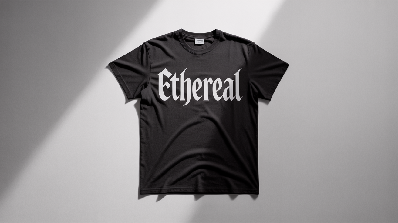 A flat-lay photograph of a black t-shirt on a white background. The word 'ETHEREAL' is printed across the chest in a bold, white, gothic-style font.