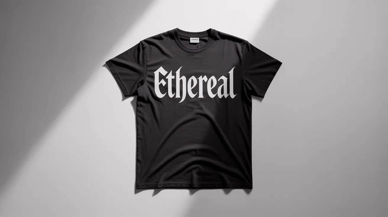 A flat-lay photograph of a black t-shirt on a white background. The word 'ETHEREAL' is printed across the chest in a bold, white, gothic-style font.