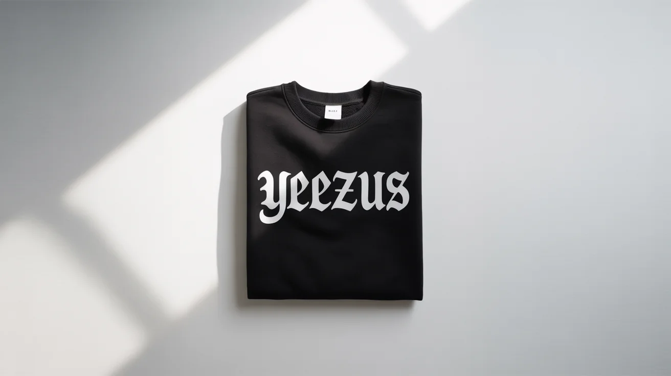 A minimalist photo of a folded black sweatshirt on a white background, with the word 'YEEZUS' printed in a bold, white gothic font, showcasing the Yeezus font style.